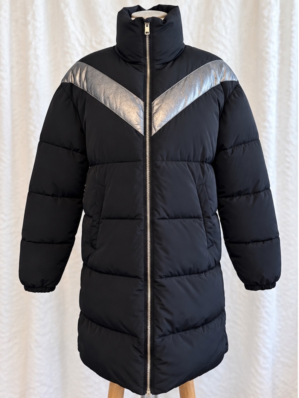 Rebecca Minkoff Black Metallic Chevron Long Puffer Coat Size S
